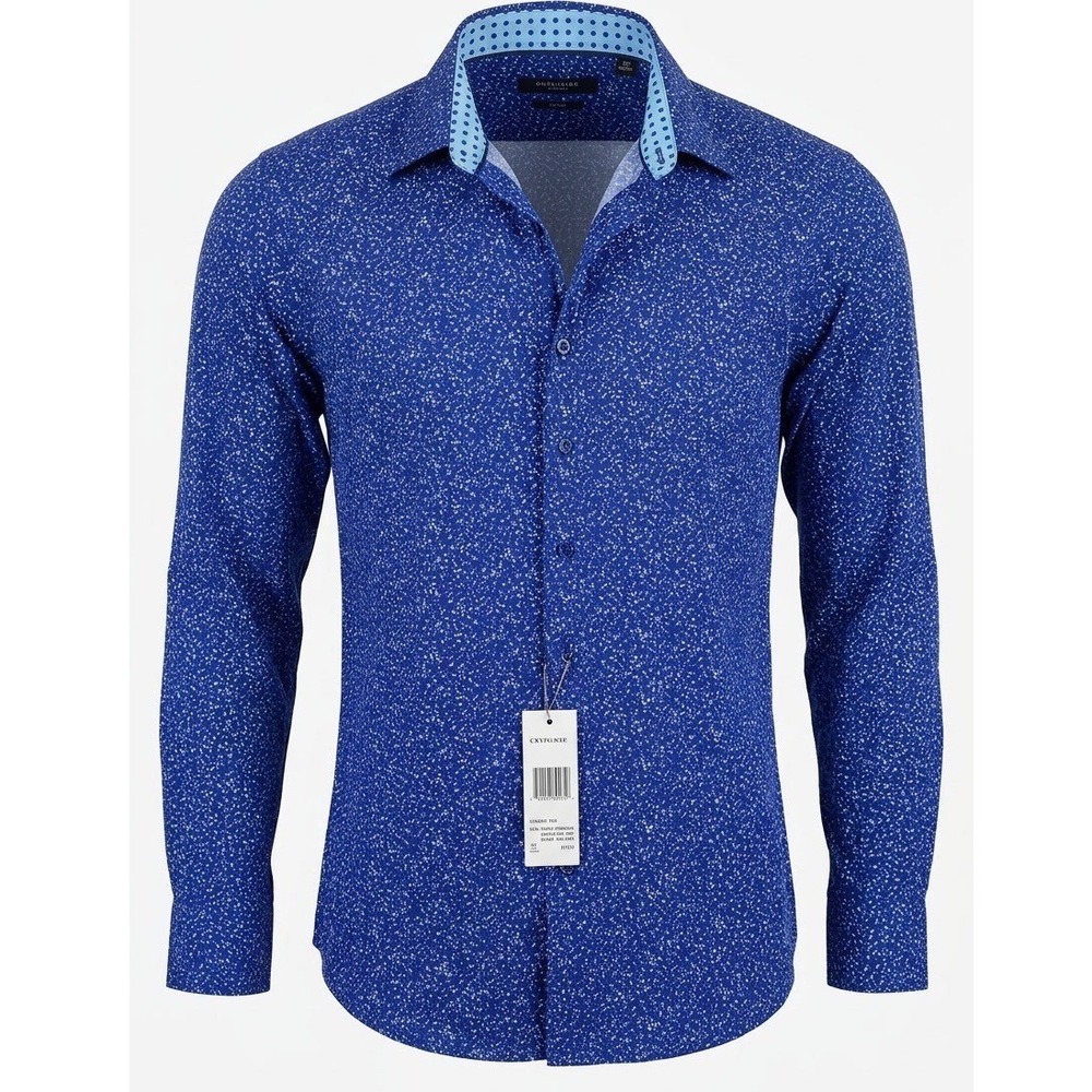 Nine West Mens Slim Fit Dress Shirt Blue Geometric Print NW21128SL Large 16-16.5